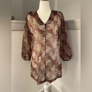 Vintage L Michelle Sheer Metallic Dark Floral Top w/Balloon Sleeves Sz XL